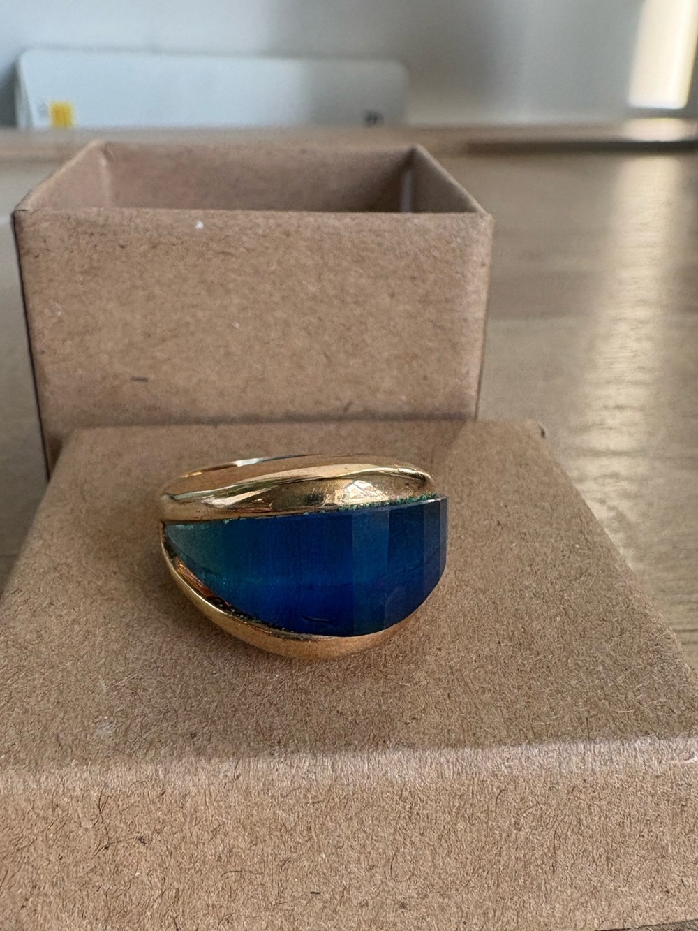 Gold-Tone Ring with Deep Blue Faceted Stone - Women Jewelry